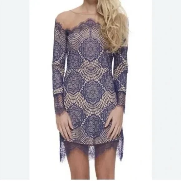 For Love And Lemons Dresses & Skirts - For Love And Lemons Long Sleeve Lace Dress in Navy and Nude Size Small